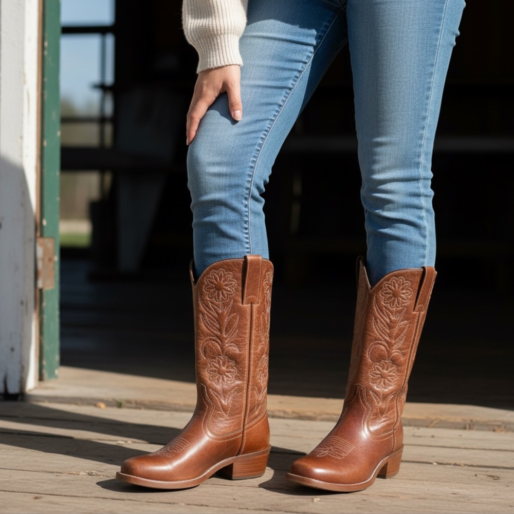 RARE 1960s Frye Vintage Embroider Brown Campus Western Cowboy Floral Stitch Boot - Picture 3 of 15